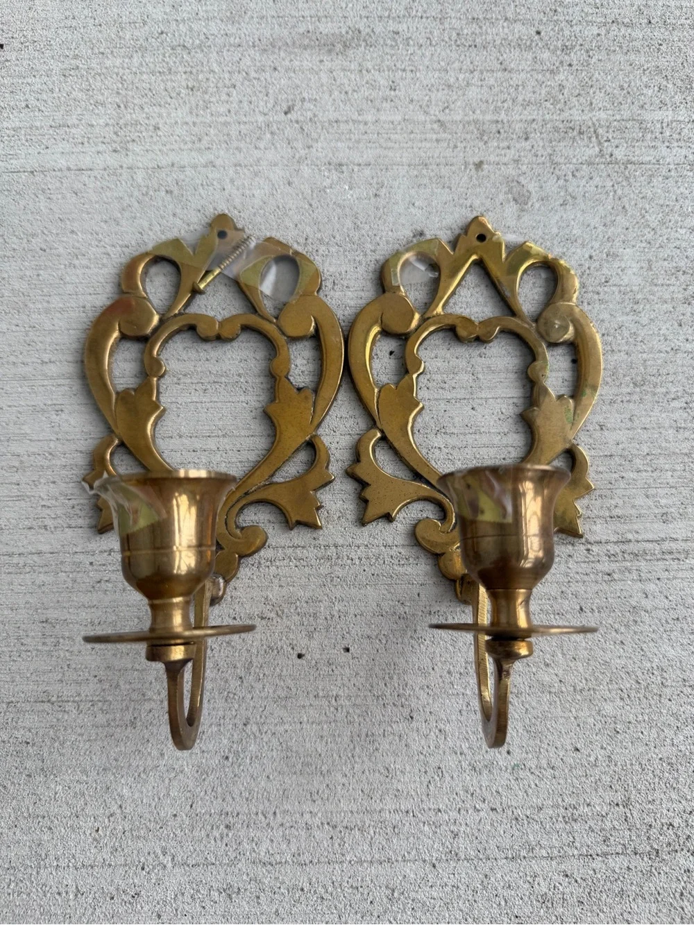 Vintage Brass Wall Candle Holders Pair Ornate Sconces 8.5” Hollywood Regency